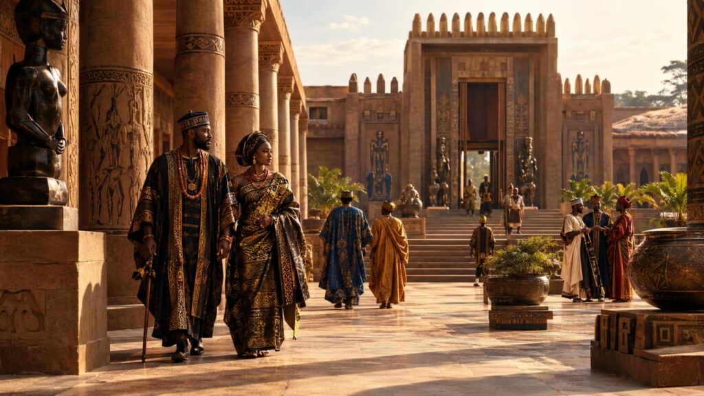 Grand pre-colonial African courtyard showcasing elegant architecture, refined cultural dress, carved details, and dignified figures, symbolizing the sophistication, power, and civilisation of ancient Africa.
