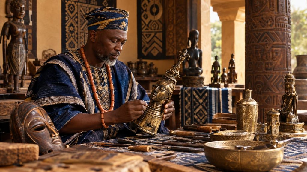 Master African artisan refining an intricately crafted bronze sculpture in an elegant pre-colonial workshop, surrounded by fine metalwork, carved artworks, textiles, specialised tools, and architectural details, symbolizing craftsmanship, technical knowledge, cultural refinement, and intellectual mastery.