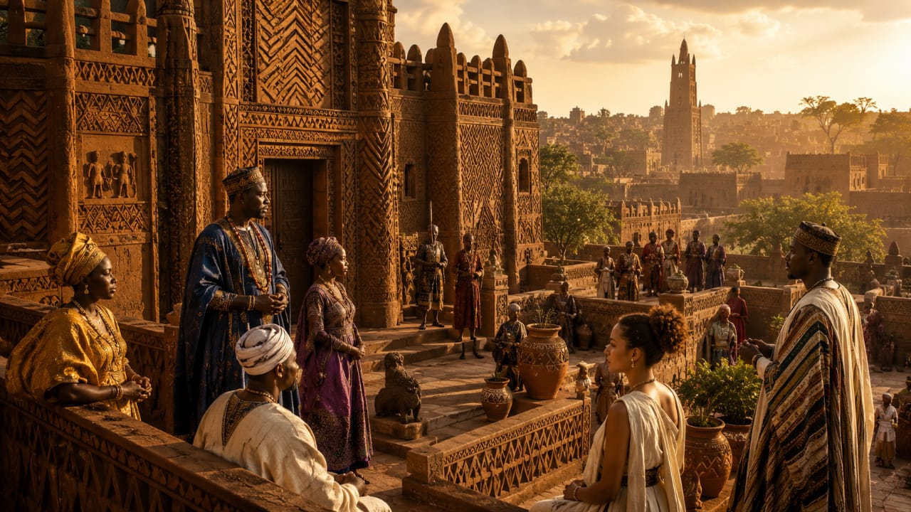 Pre-colonial African cityscape showcasing sophisticated mudbrick architecture, intricate geometric carvings, monumental courtyards, terraces and civic structures, with diverse African figures in refined traditional clothing, symbolizing architectural genius, cultural confidence, knowledge and advanced civilisation.